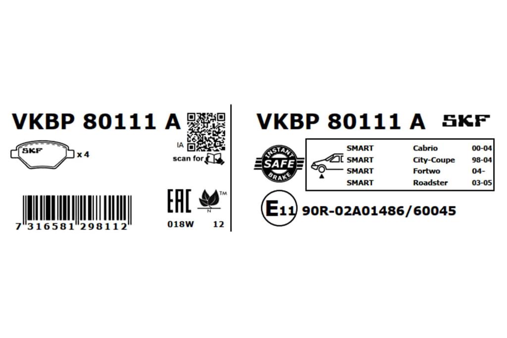 Jogo de 4 pastilhas de travão SKF ref. VKBP 80111 A